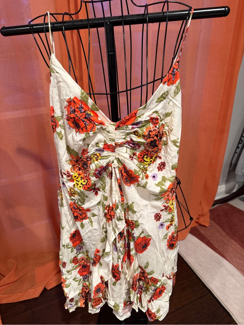 Free People White Floral Mini Dress with Red & Green Print